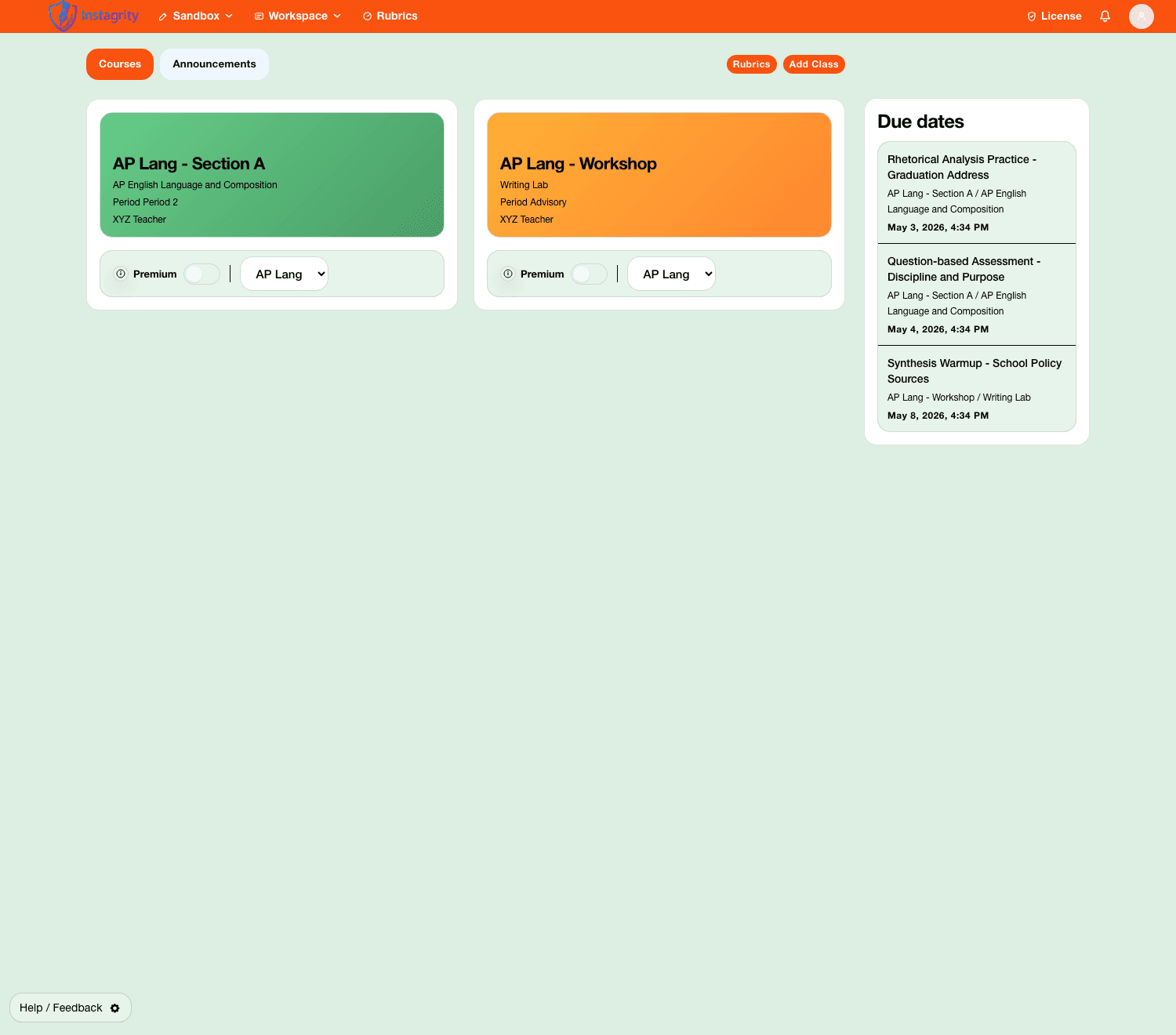 Instagrity teacher dashboard with demo data
