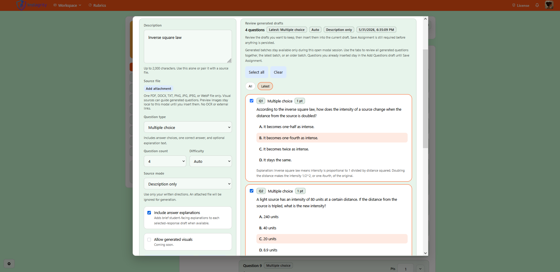 Prompt Generator modal showing guided prompt creation fields inside the assignment editor