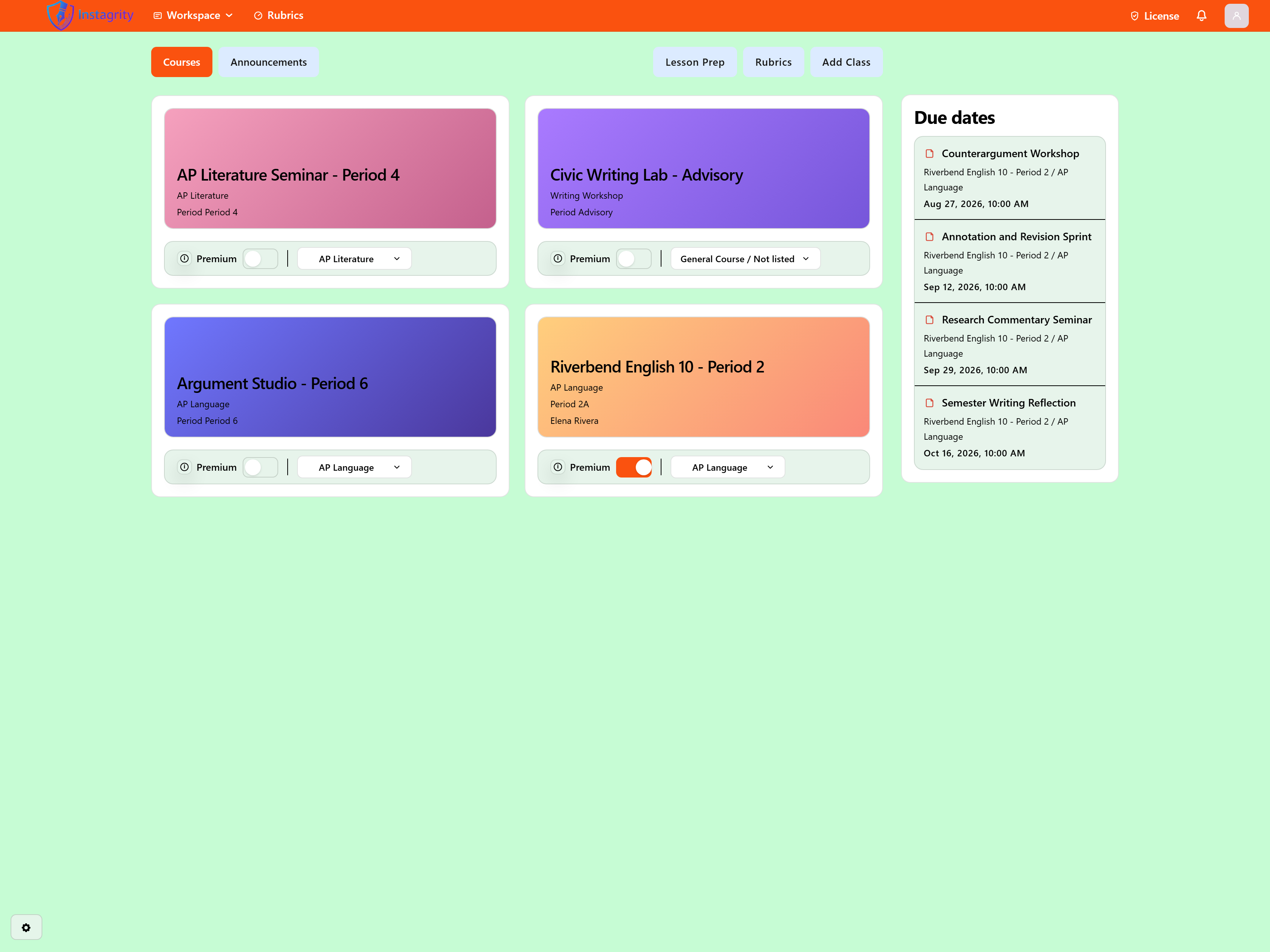 Teacher dashboard showing multiple classes, assignments, submissions, and class activity